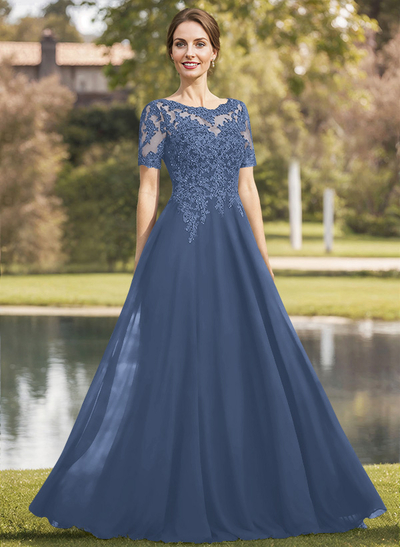 A-Line Scoop Neck Short Sleeves Chiffon Mother Of The Bride Dresses With Lace