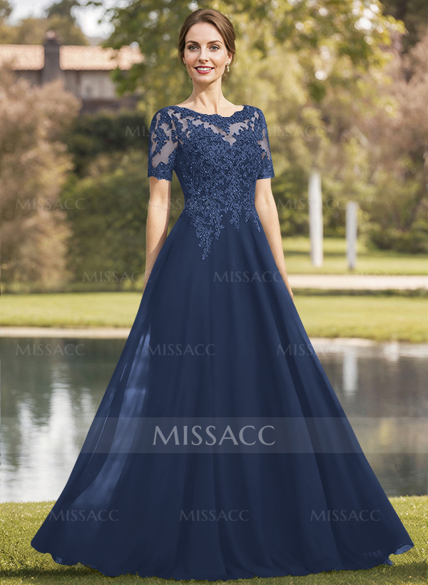 A-Line Scoop Neck Short Sleeves Chiffon Mother Of The Bride Dresses With Lace
