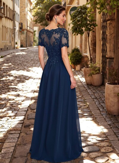 A-Line Scoop Neck Short Sleeves Chiffon Mother Of The Bride Dresses With Lace