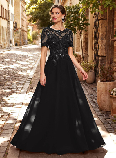 A-Line Scoop Neck Short Sleeves Chiffon Mother Of The Bride Dresses With Lace