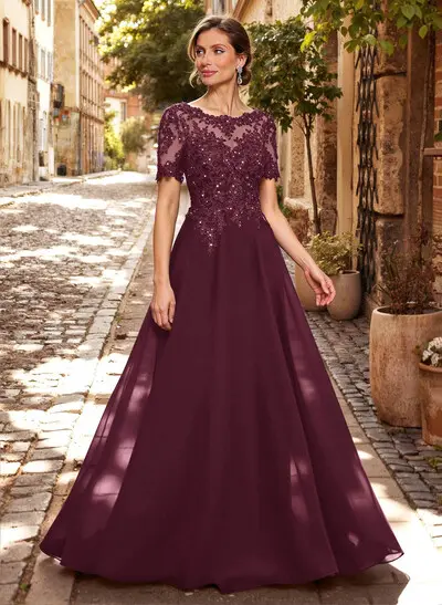 A-Line Scoop Neck Short Sleeves Chiffon Mother Of The Bride