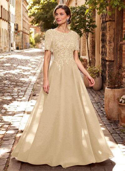 A-Line Scoop Neck Short Sleeves Chiffon Mother Of The Bride Dresses With Lace