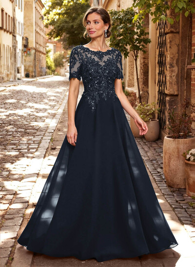 A-Line Scoop Neck Short Sleeves Chiffon Mother Of The Bride Dresses With Lace