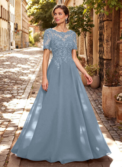 A-Line Scoop Neck Short Sleeves Chiffon Mother Of The Bride Dresses With Lace