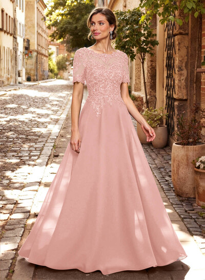 A-Line Scoop Neck Short Sleeves Chiffon Mother Of The Bride Dresses With Lace