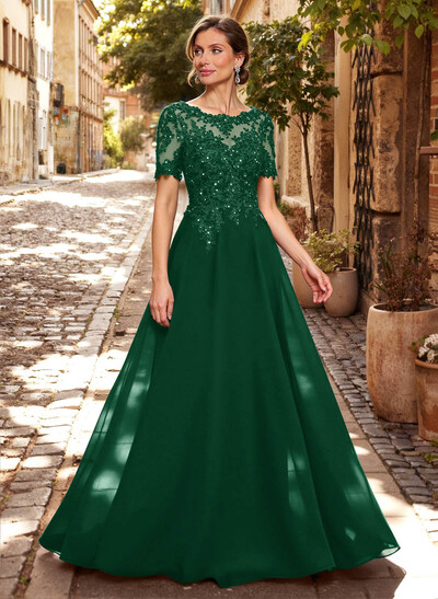 A-Line Scoop Neck Short Sleeves Chiffon Mother Of The Bride Dresses With Lace