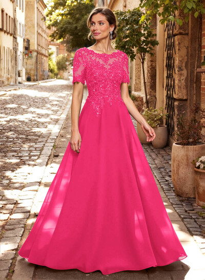 A-Line Scoop Neck Short Sleeves Chiffon Mother Of The Bride Dresses With Lace