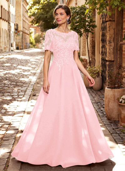 A-Line Scoop Neck Short Sleeves Chiffon Mother Of The Bride Dresses With Lace