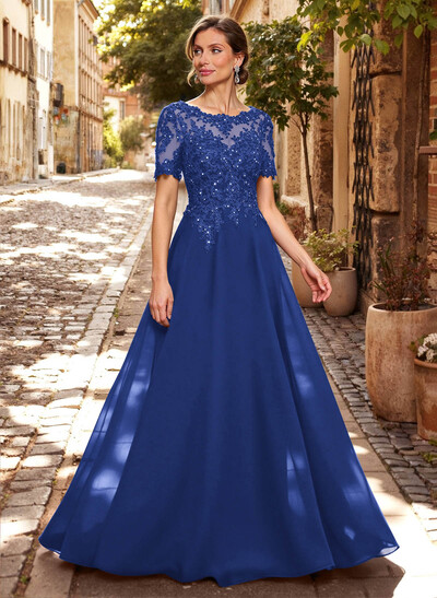 A-Line Scoop Neck Short Sleeves Chiffon Mother Of The Bride Dresses With Lace