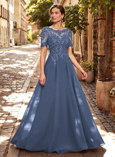 A-Line Scoop Neck Short Sleeves Chiffon Mother Of The Bride Dresses With Lace