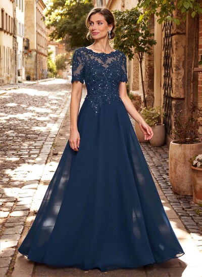 A-Line Scoop Neck Short Sleeves Chiffon Mother Of The Bride Dresses With Lace