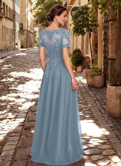 A-Line Scoop Neck Short Sleeves Chiffon Mother Of The Bride Dresses With Lace