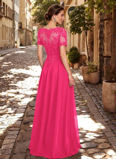 A-Line Scoop Neck Short Sleeves Chiffon Mother Of The Bride Dresses With Lace