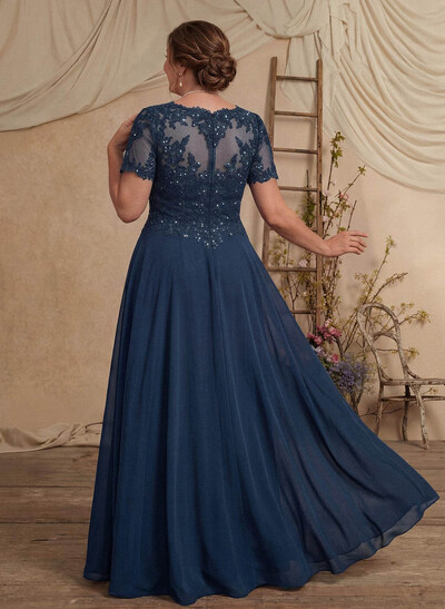 A-Line Scoop Neck Short Sleeves Chiffon Mother Of The Bride Dresses With Lace