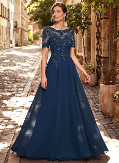 A-Line Scoop Neck Short Sleeves Chiffon Mother Of The Bride Dresses With Lace