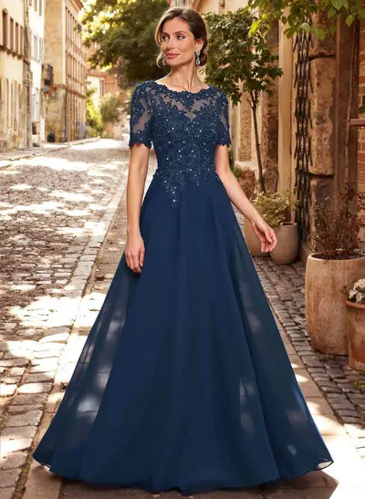 A-Line Scoop Neck Short Sleeves Chiffon Mother Of The Bride
