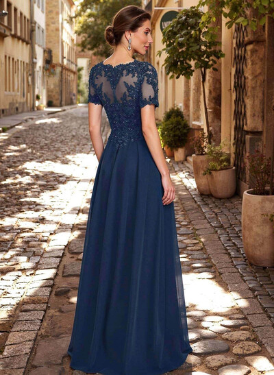 A-Line Scoop Neck Short Sleeves Chiffon Mother Of The Bride Dresses With Lace