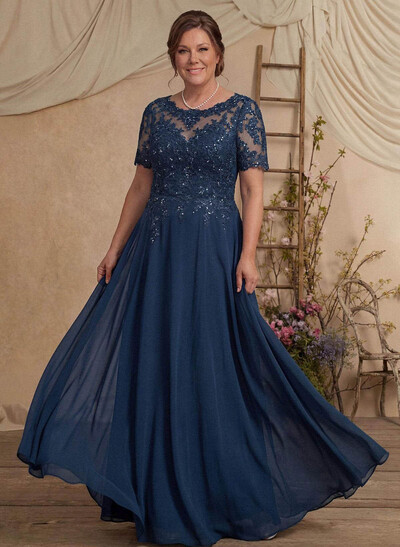 A-Line Scoop Neck Short Sleeves Chiffon Mother Of The Bride Dresses With Lace