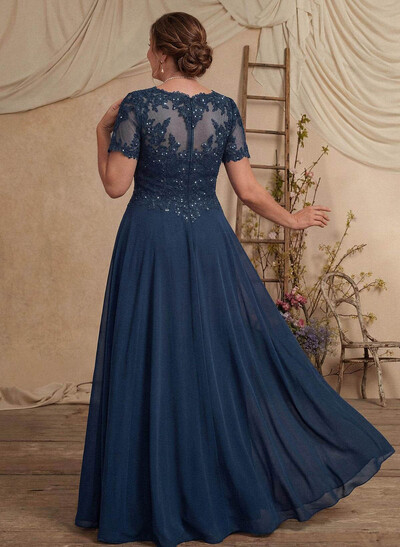 A-Line Scoop Neck Short Sleeves Chiffon Mother Of The Bride Dresses With Lace