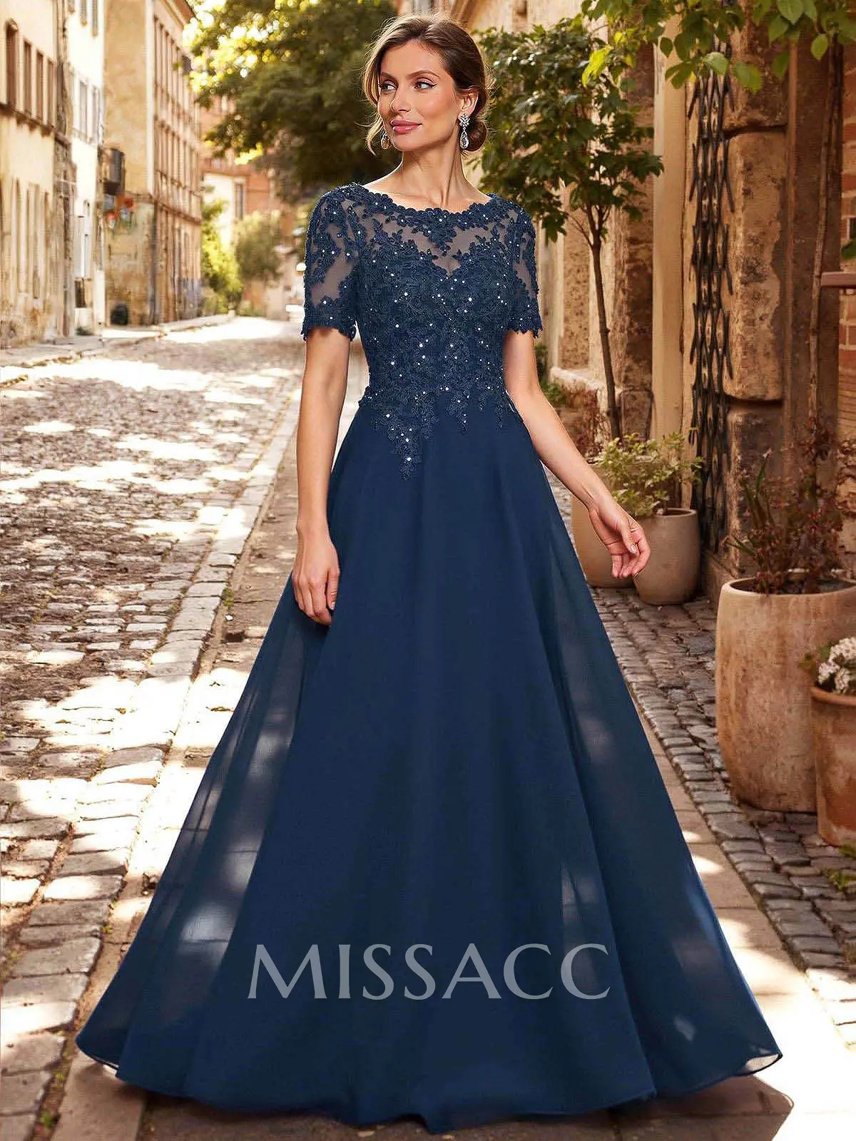 A-Line Scoop Neck Short Sleeves Chiffon Mother Of The Bride