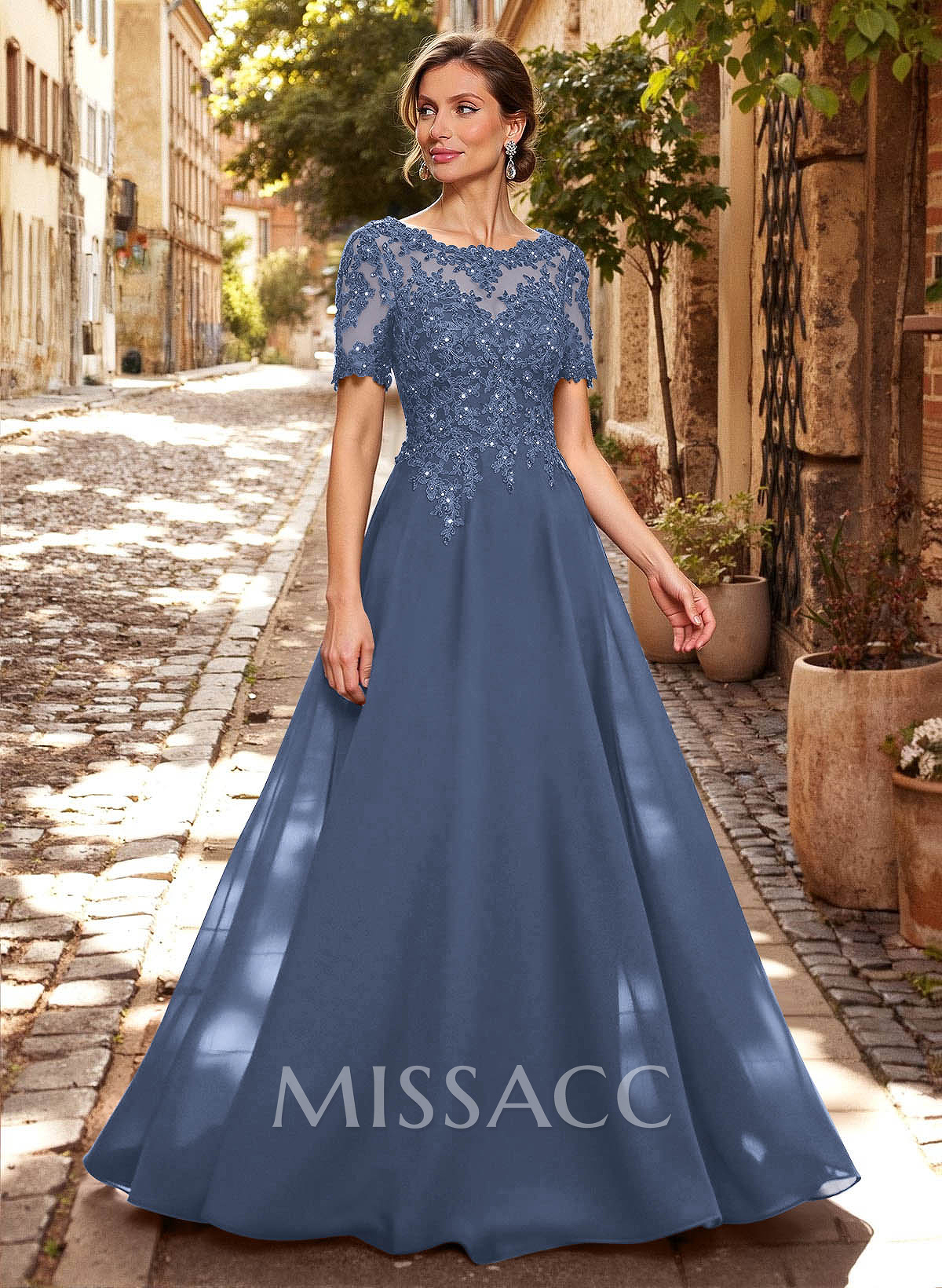 A-Line Scoop Neck Short Sleeves Chiffon Mother Of The Bride Dresses With Lace