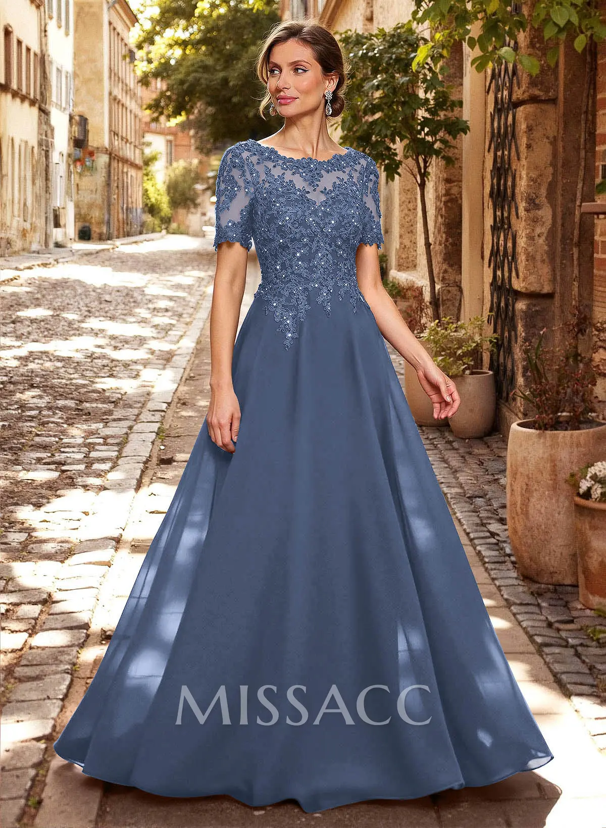 A-Line Scoop Neck Short Sleeves Chiffon Mother Of The Bride