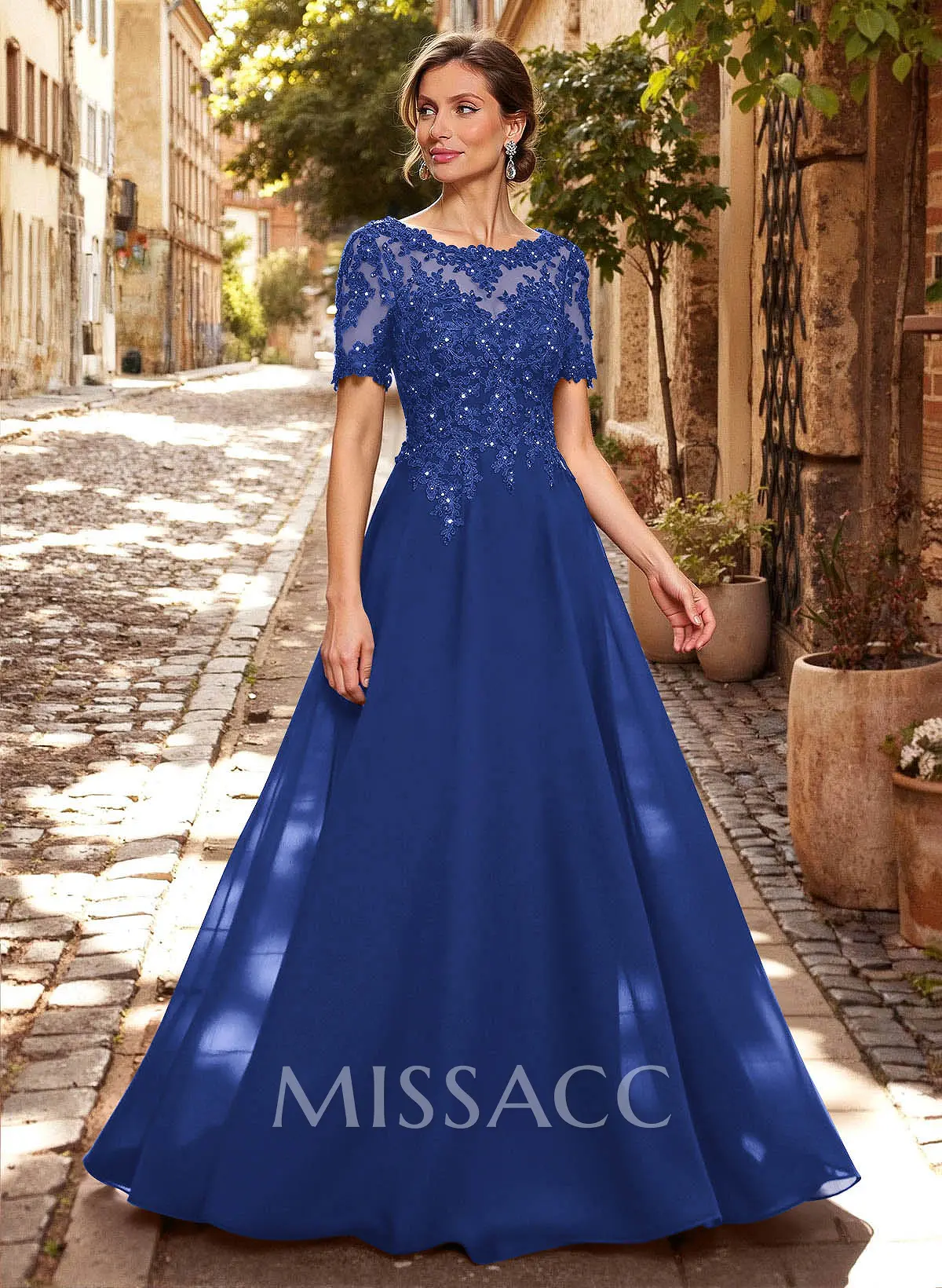 A-Line Scoop Neck Short Sleeves Chiffon Mother Of The Bride