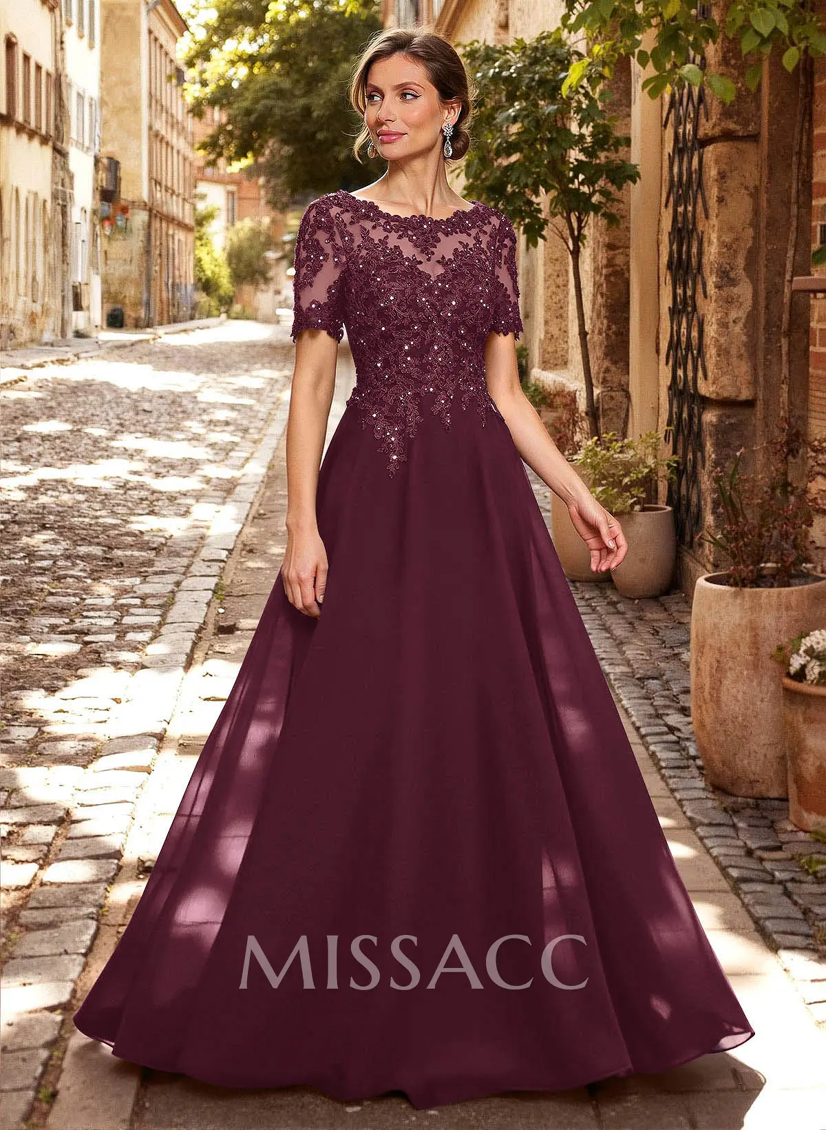A-Line Scoop Neck Short Sleeves Chiffon Mother Of The Bride