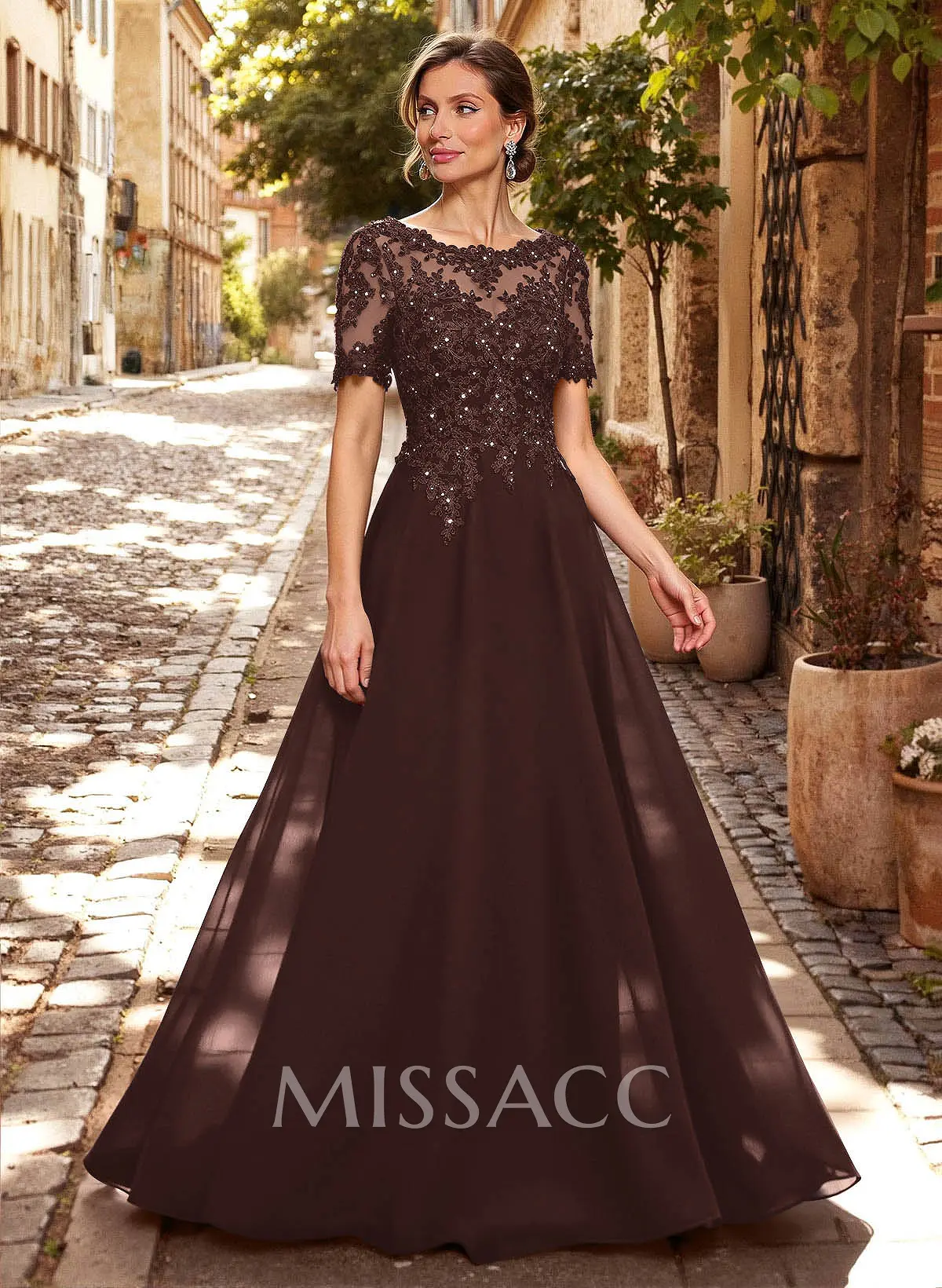 A-Line Scoop Neck Short Sleeves Chiffon Mother Of The Bride