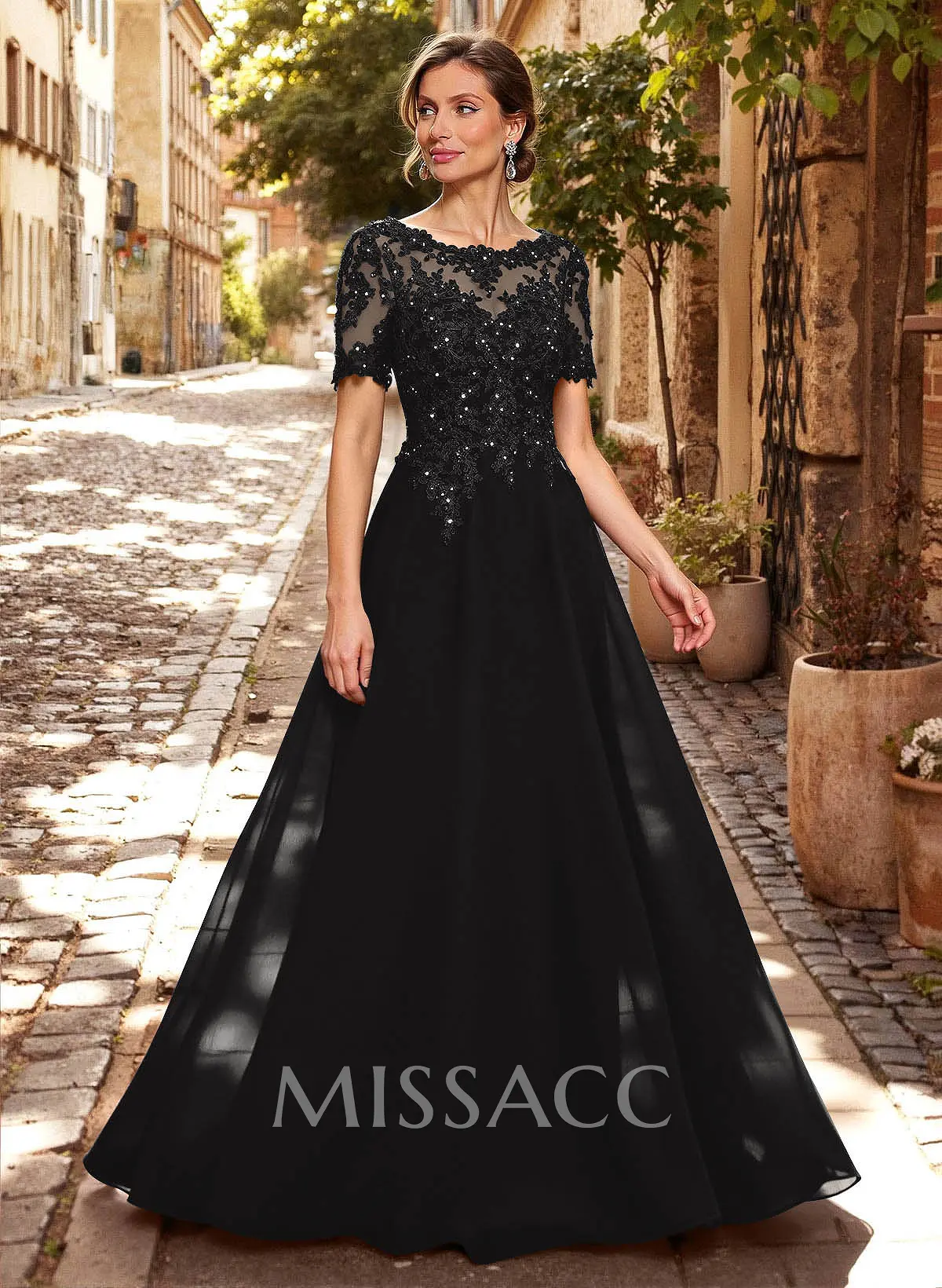 A-Line Scoop Neck Short Sleeves Chiffon Mother Of The Bride