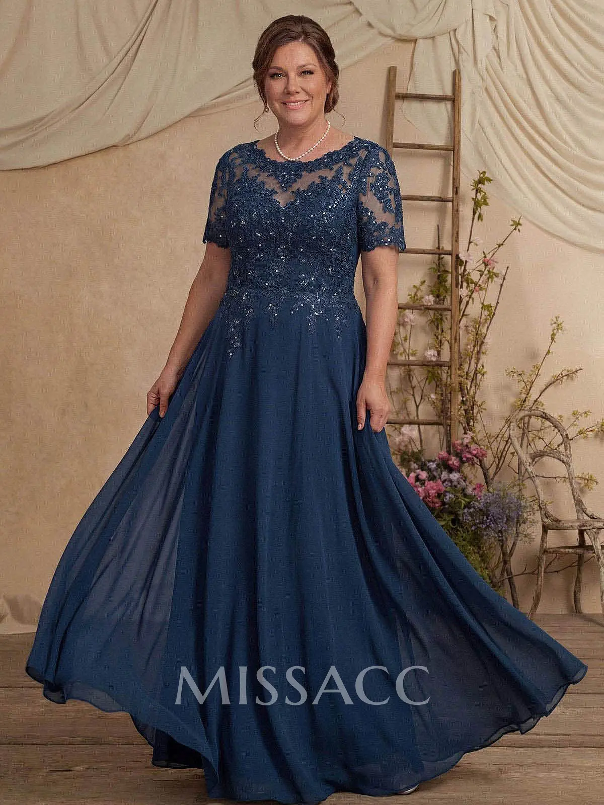 A-Line Scoop Neck Short Sleeves Chiffon Mother Of The Bride Dresses With Lace #SMBD12118