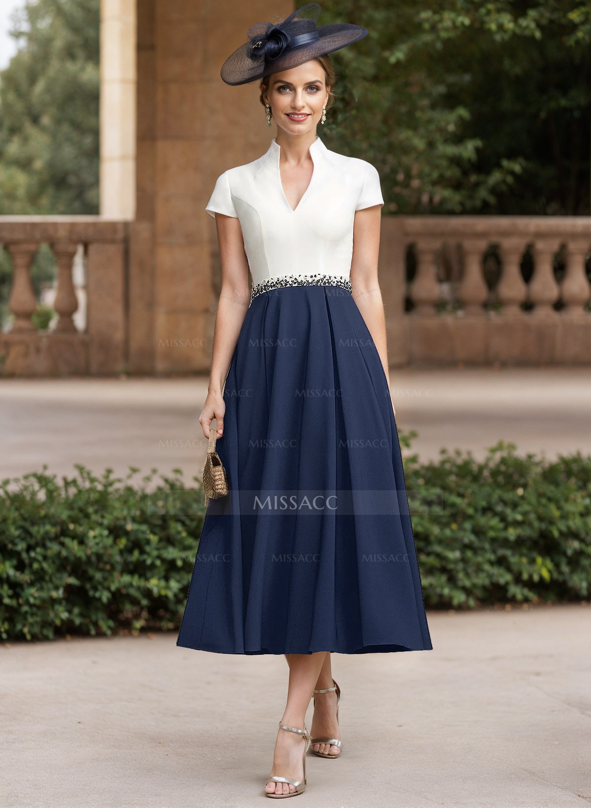 A-Line V-Neck Short Sleeves Tea-Length Matte Satin Mother Of The Bride Dresses