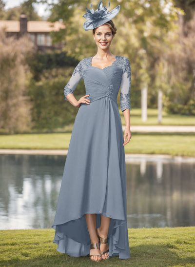 A-Line Square Neckline 3/4 Sleeves Chiffon Mother Of The Bride Dresses With Lace