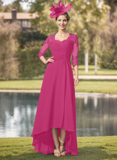 A-Line Square Neckline 3/4 Sleeves Chiffon Mother Of The Bride Dresses With Lace