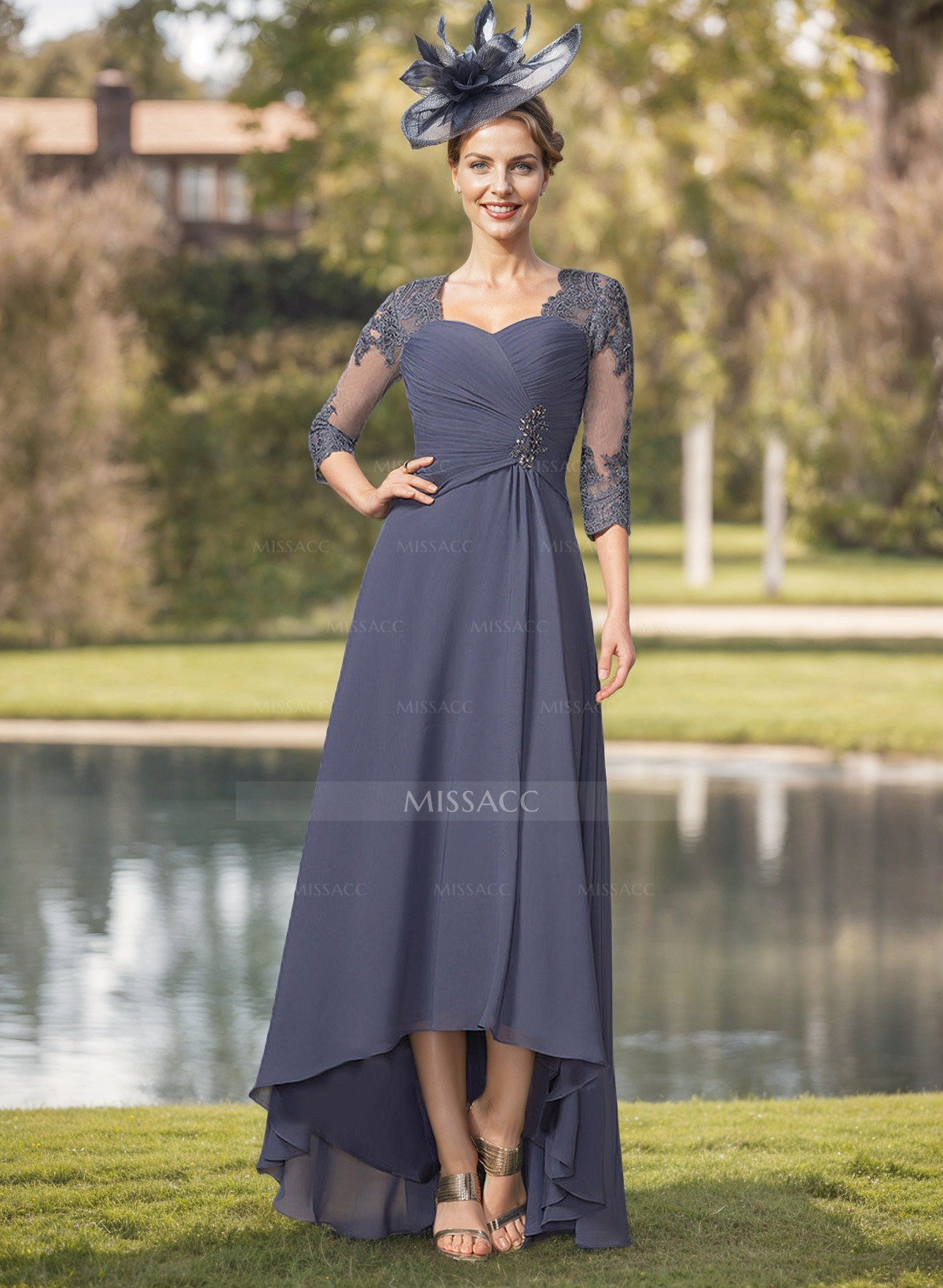 A-Line Square Neckline 3/4 Sleeves Chiffon Mother Of The Bride Dresses With Lace