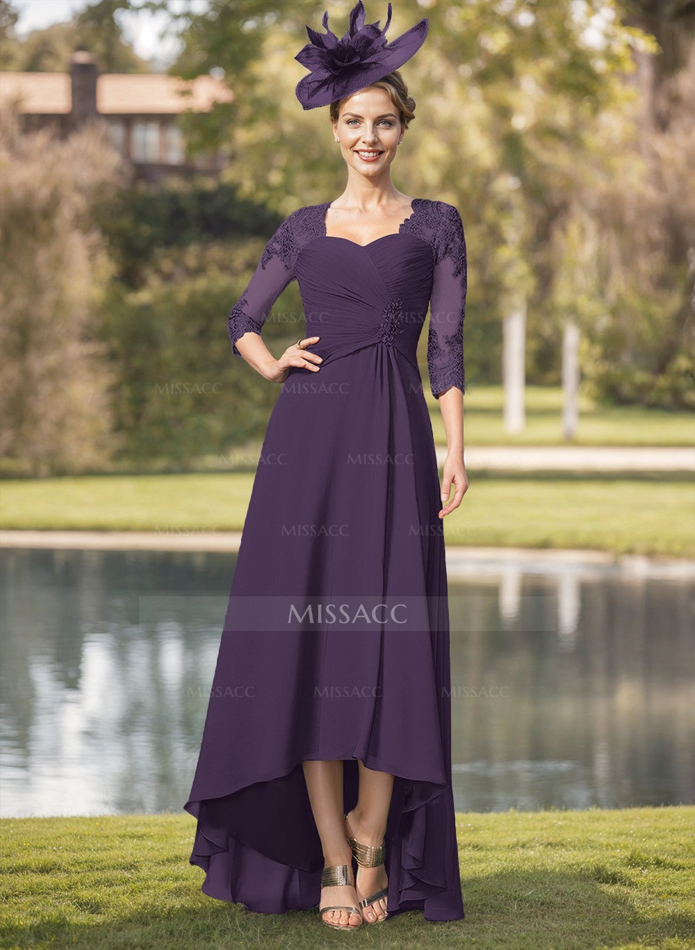 A-Line Square Neckline 3/4 Sleeves Chiffon Mother Of The Bride