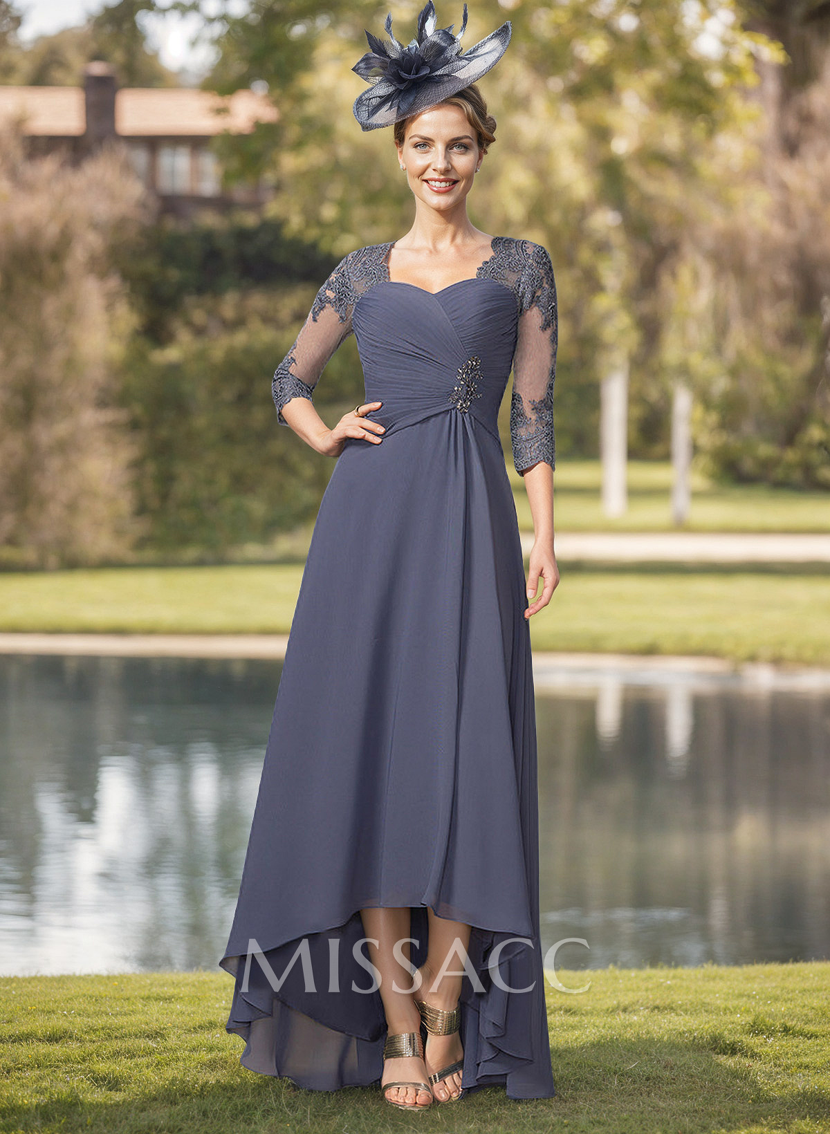 A-Line Square Neckline 3/4 Sleeves Chiffon Mother Of The Bride Dresses With Lace