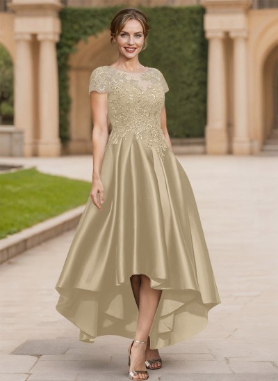 A-Line Scoop Neck Short Sleeves Satin Mother Of The Bride Dresses With Lace