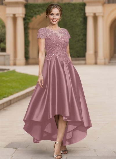 A-Line Scoop Neck Short Sleeves Satin Mother Of The Bride Dresses With Lace