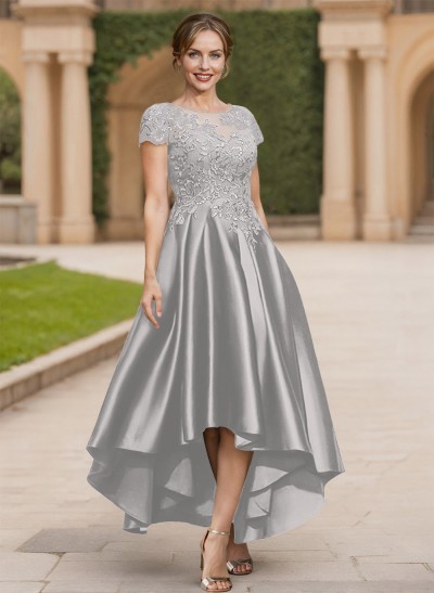 A-Line Scoop Neck Short Sleeves Satin Mother Of The Bride Dresses With Lace