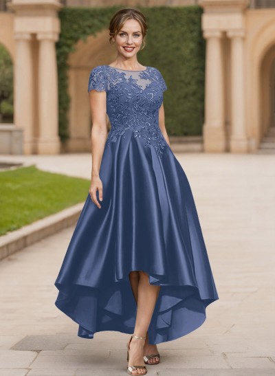 A-Line Scoop Neck Short Sleeves Satin Mother Of The Bride Dresses With Lace