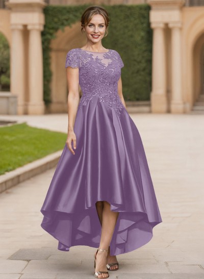 A-Line Scoop Neck Short Sleeves Satin Mother Of The Bride Dresses With Lace