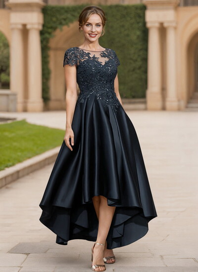 A-Line Scoop Neck Short Sleeves Satin Mother Of The Bride Dresses With Lace