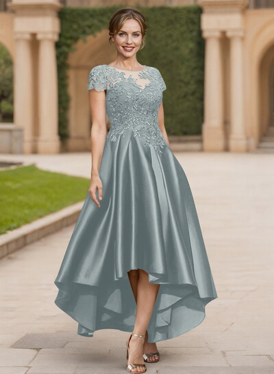A-Line Scoop Neck Short Sleeves Satin Mother Of The Bride Dresses With Lace