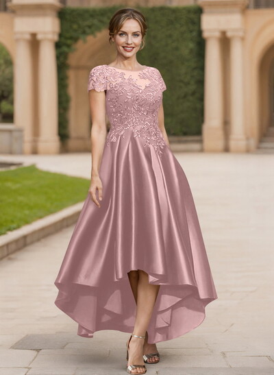 A-Line Scoop Neck Short Sleeves Satin Mother Of The Bride Dresses With Lace