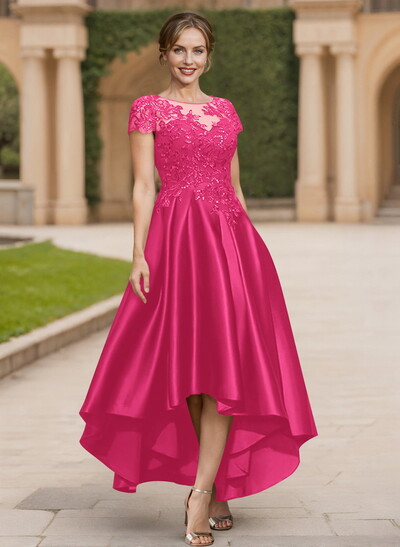 A-Line Scoop Neck Short Sleeves Satin Mother Of The Bride Dresses With Lace