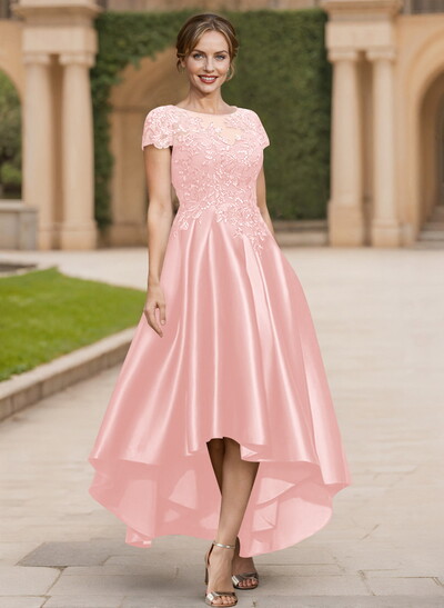 A-Line Scoop Neck Short Sleeves Satin Mother Of The Bride Dresses With Lace