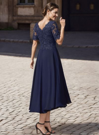 A-Line V-Neck Short Sleeves Asymmetrical Chiffon Mother Of The Bride Dresses With Lace