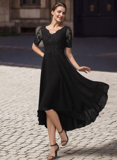 A-Line V-Neck Short Sleeves Asymmetrical Chiffon Mother Of The Bride Dresses With Lace