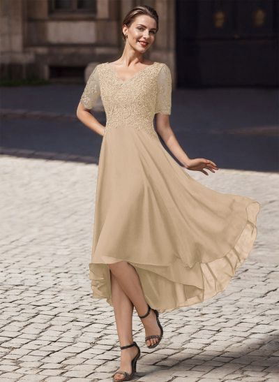 A-Line V-Neck Short Sleeves Asymmetrical Chiffon Mother Of The Bride Dresses With Lace